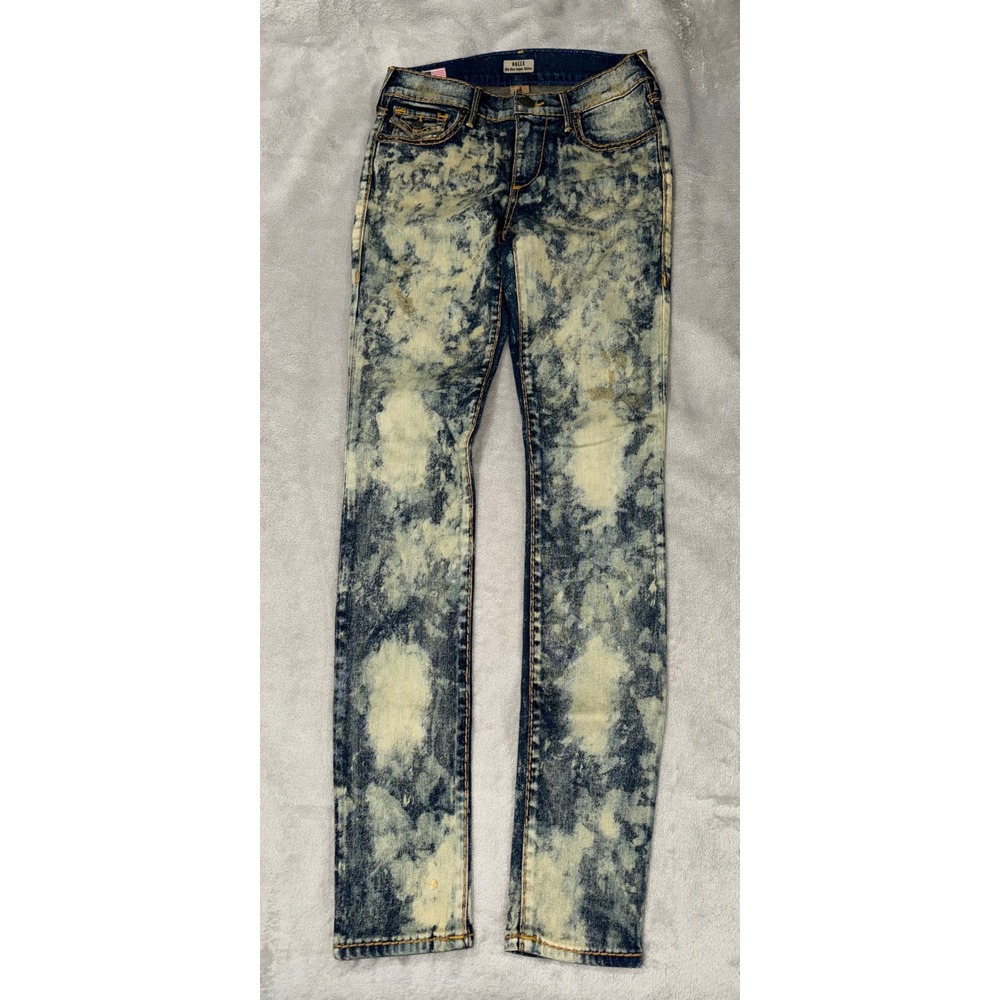 Y2K True Religion Halle Mid Rise Super Skinny Acid Wash Jeans Distressed Blue 24